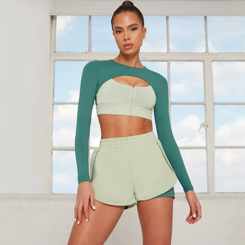 2Pcs Long Sleeve Push Up  Top & Shorts