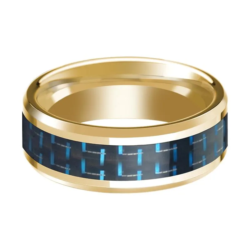 Black & Blue Carbon Fiber Inlaid 14k Yellow Gold Polished Wedding Band with Beveled Edges - 8MM