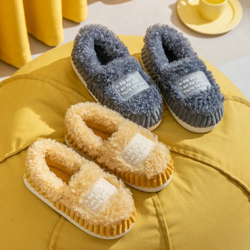 New cotton slippers for women in winter, cute indoor thick-soled warm confinement shoes for couples, non-slip plush heel home shoes