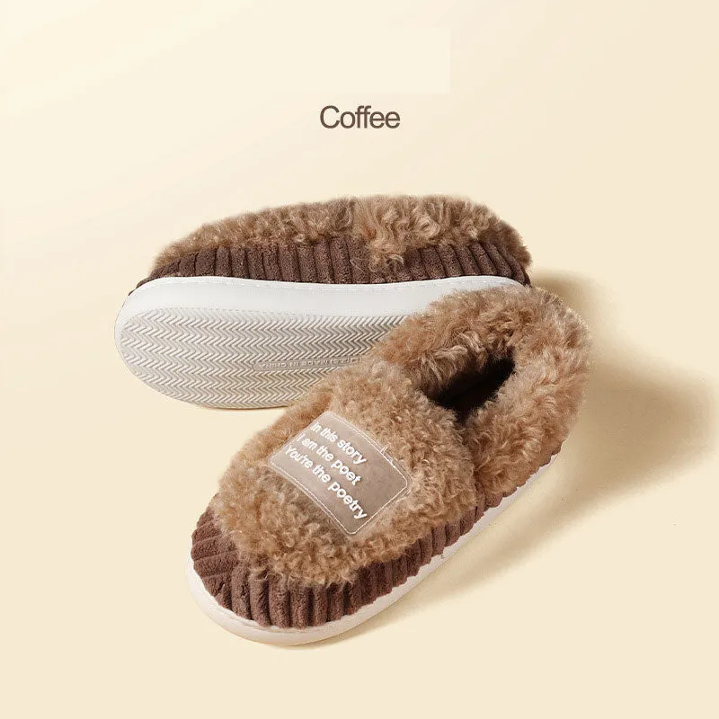 New cotton slippers for women in winter, cute indoor thick-soled warm confinement shoes for couples, non-slip plush heel home shoes