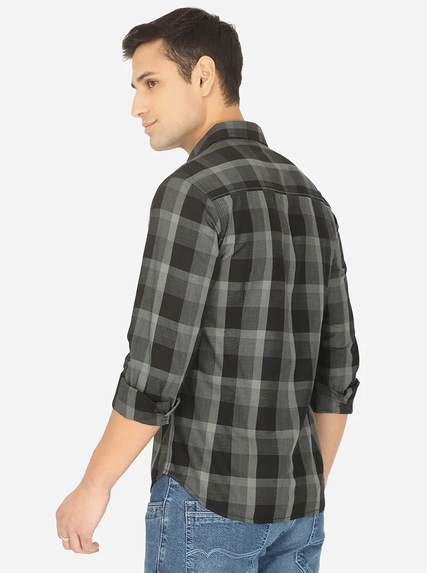 Steel Green & Black Checked Slim Fit Semi Casual Shirt | Greenfibre