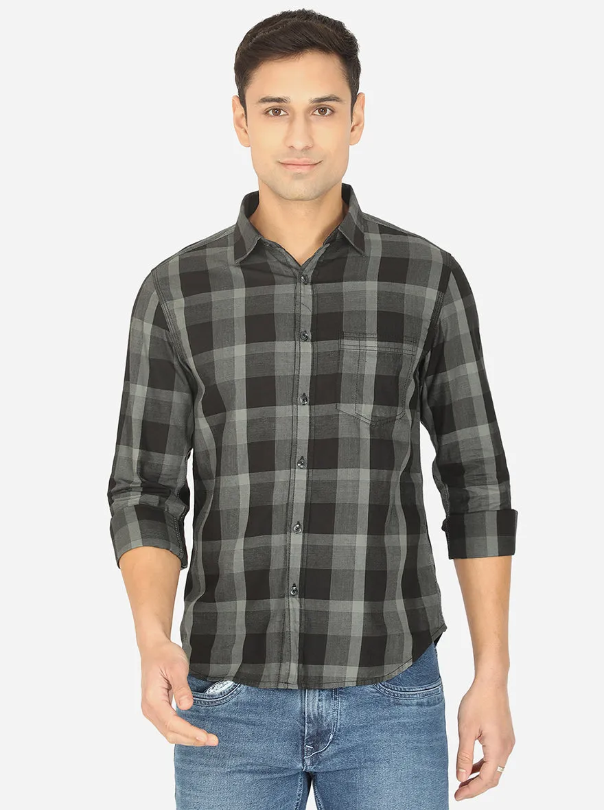 Steel Green & Black Checked Slim Fit Semi Casual Shirt | Greenfibre