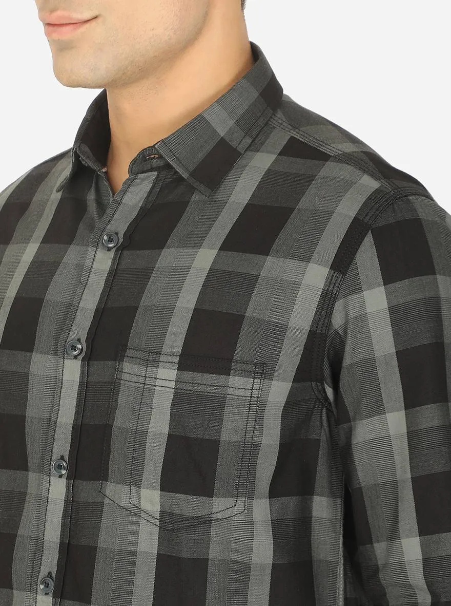 Steel Green & Black Checked Slim Fit Semi Casual Shirt | Greenfibre