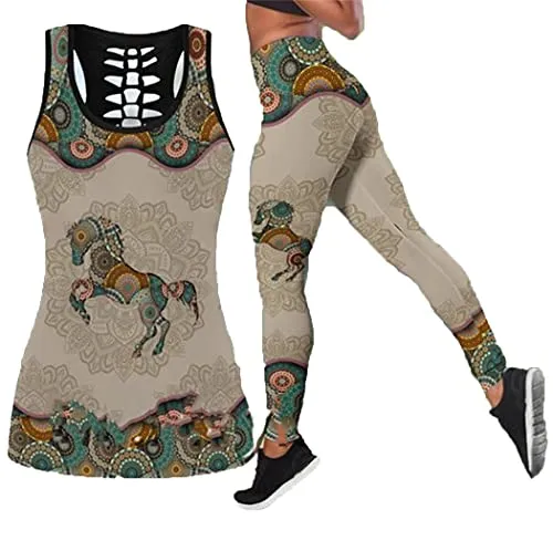 UNEMAIL Love Horse Mandala 3D Printed Hollow Tanktop Leggings Set, Girls Sexy Fashion Vest And Yoga Pants, Fitness Workout Set tanktops n leggings S