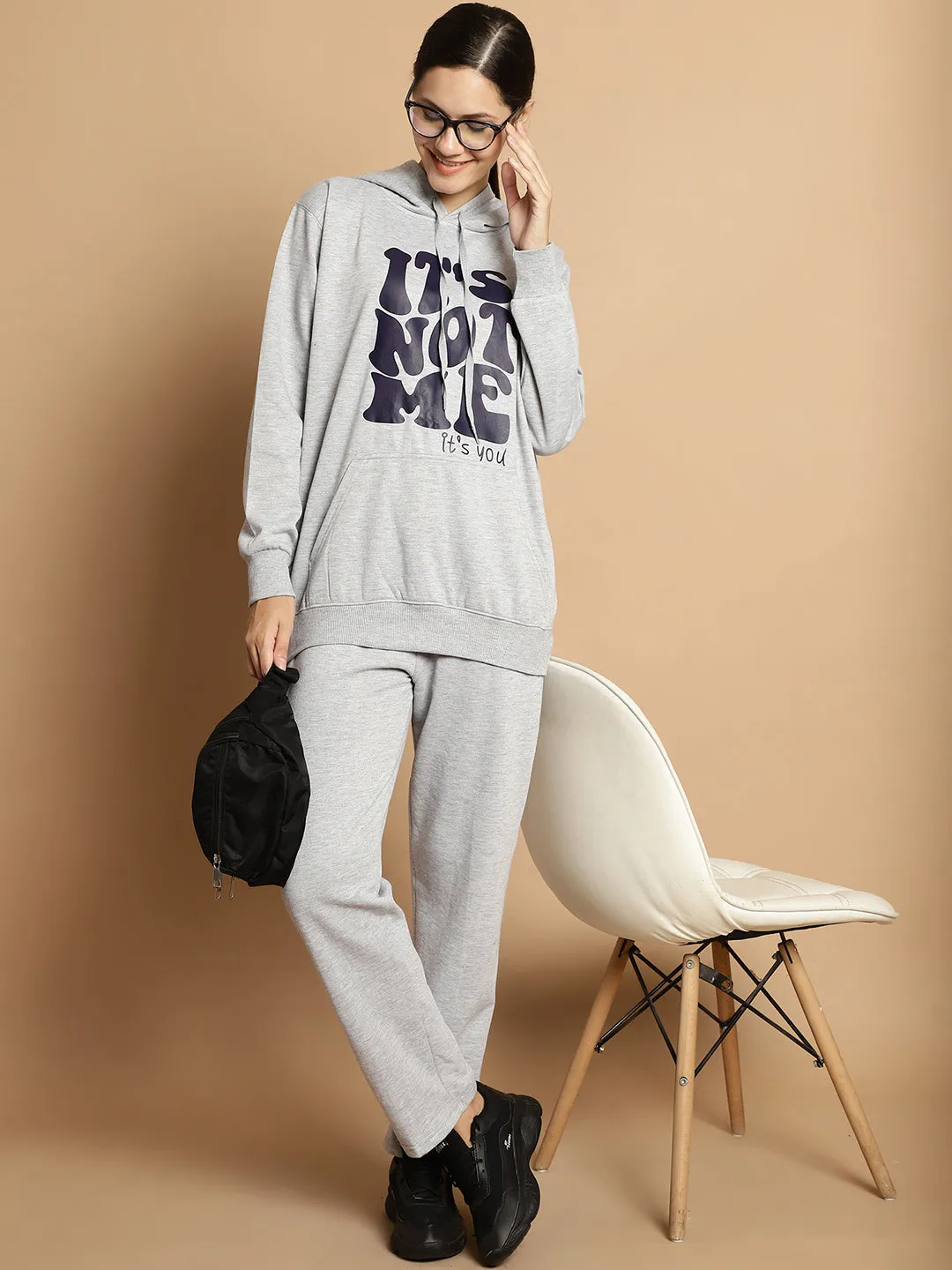 Vimal Jonney Grey Melange Printed Round Neck Cotton Fleece Tracksuit for Women(2 Side Pocket 1 Side Zip)