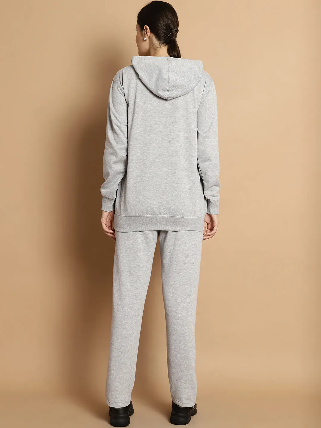 Vimal Jonney Grey Melange Printed Round Neck Cotton Fleece Tracksuit for Women(2 Side Pocket 1 Side Zip)