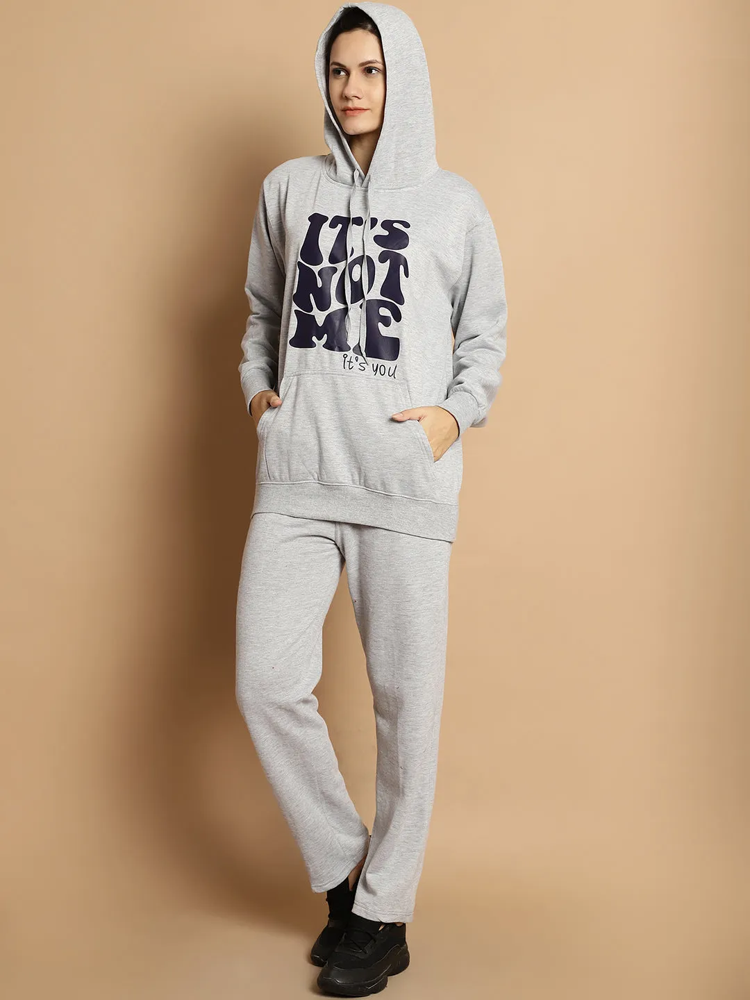 Vimal Jonney Grey Melange Printed Round Neck Cotton Fleece Tracksuit for Women(2 Side Pocket 1 Side Zip)