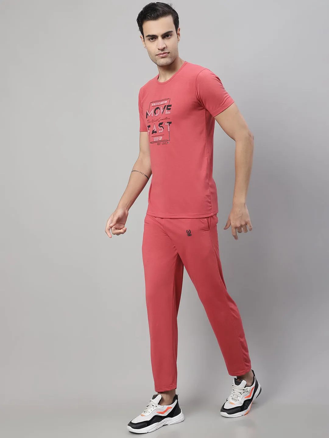 Vimal Jonney Pink Cotton Printed Co-ord Set Tracksuit For Men(Zip On 1 Side Pocket)