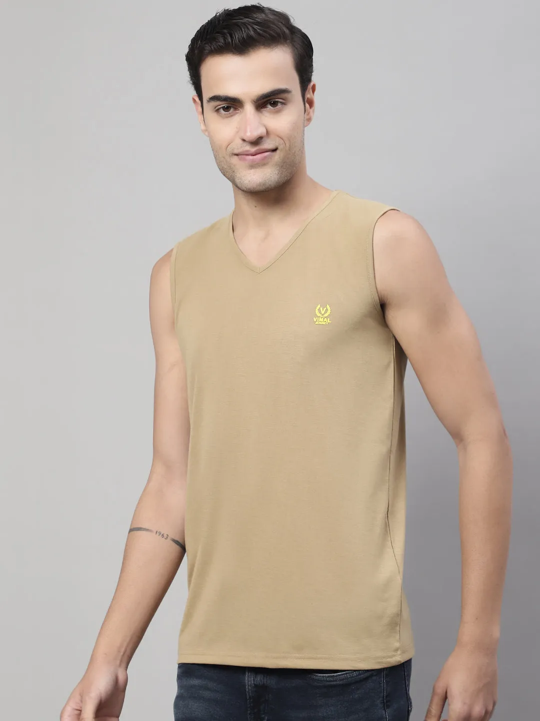 Vimal Jonney Regular Fit Cotton Solid Mud Gym Vest for Men