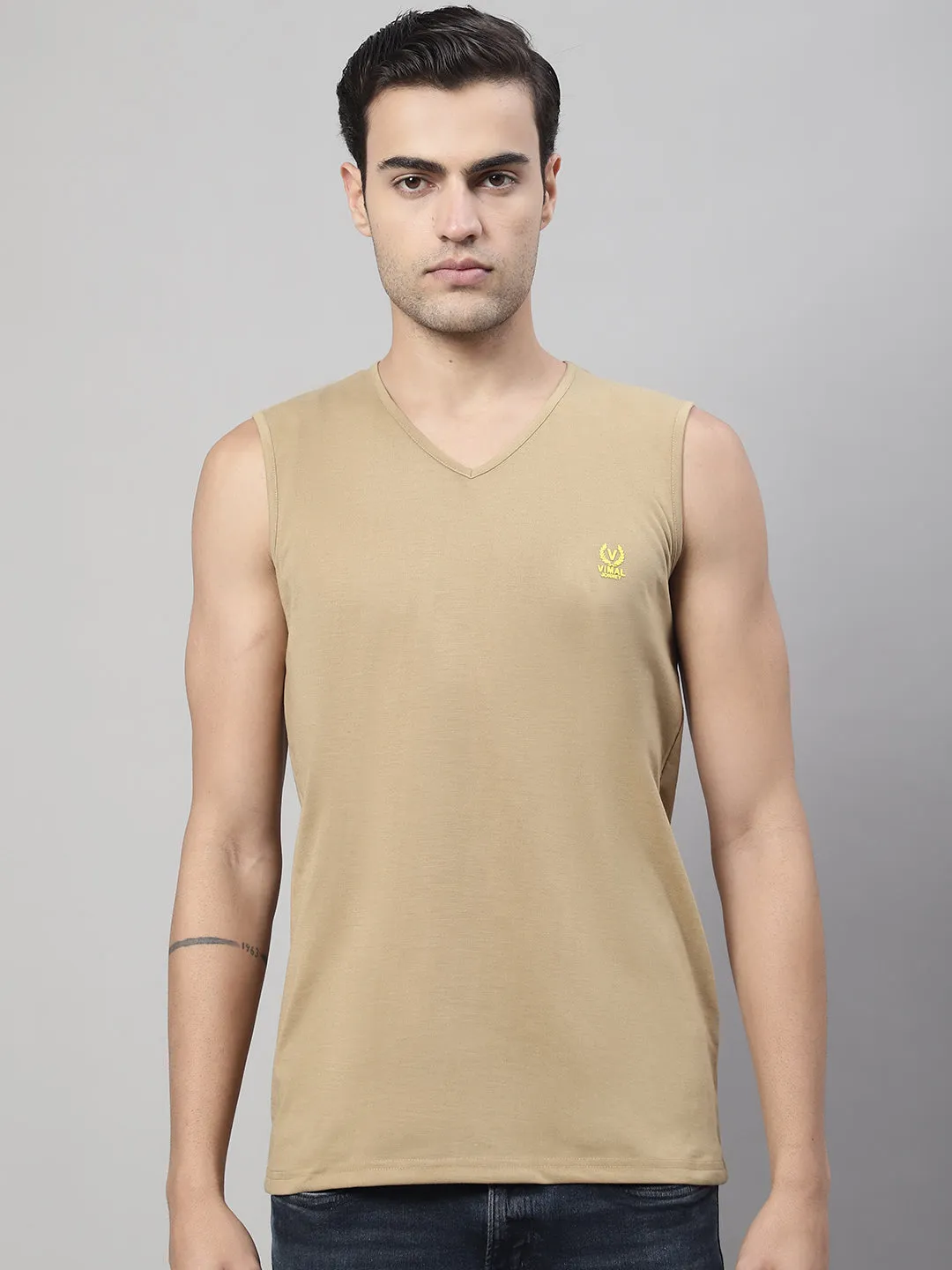 Vimal Jonney Regular Fit Cotton Solid Mud Gym Vest for Men