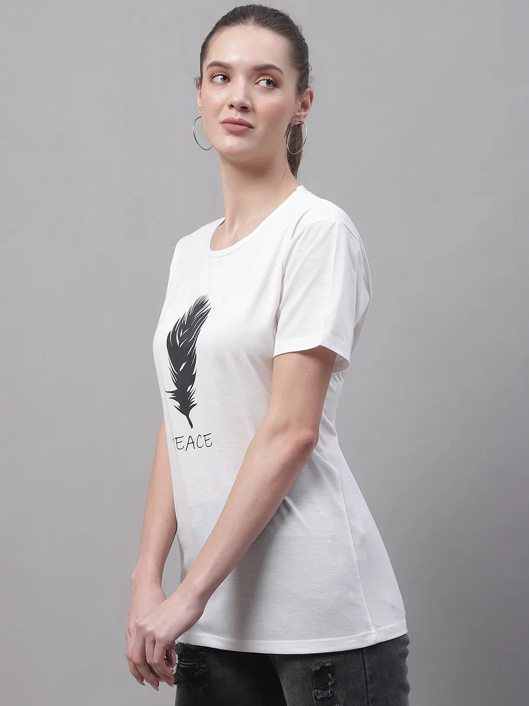 Vimal Jonney Round Neck Cotton Printed White T-Shirt for Women