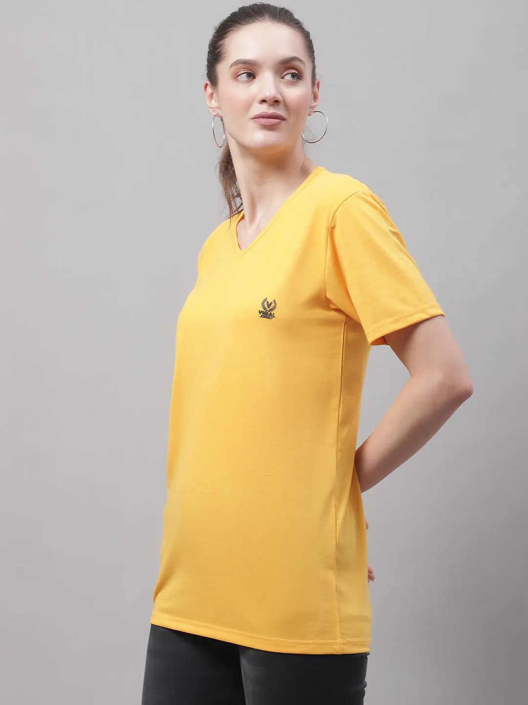 Vimal Jonney V Neck Cotton Solid Yellow T-Shirt for Women