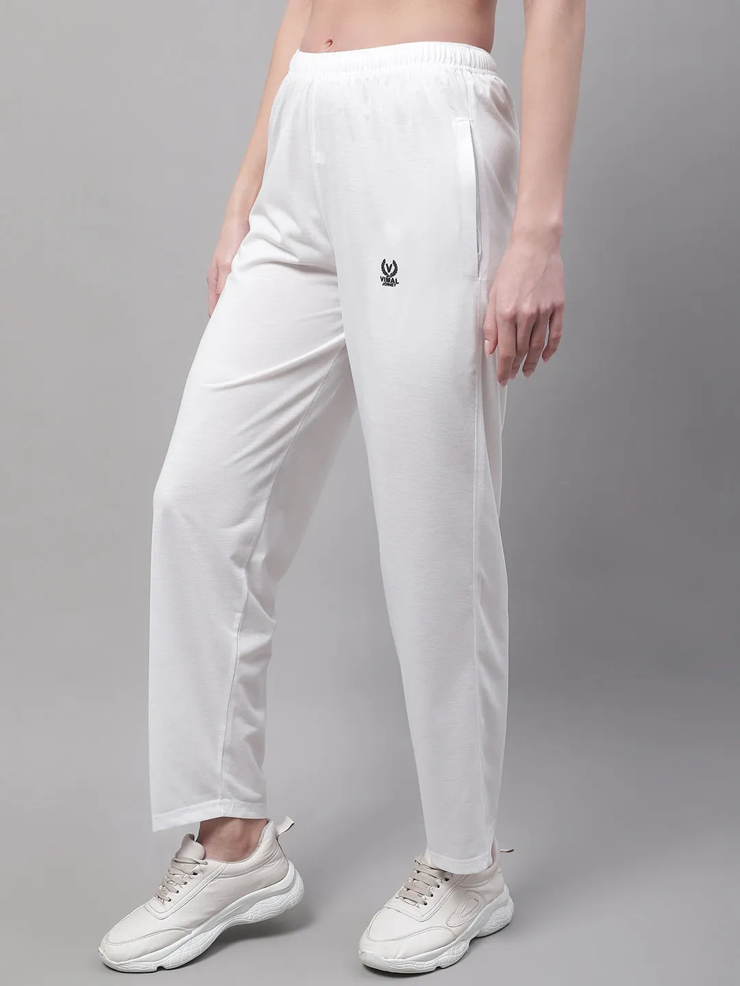 Vimal Jonney White Regular fit Cotton Trackpant for Women(Zip On 1 Side Pocket)