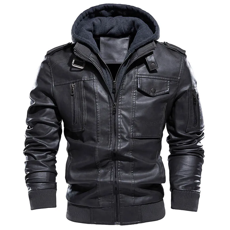 Warm Motorcycle Faux Leather Jacket with Hood