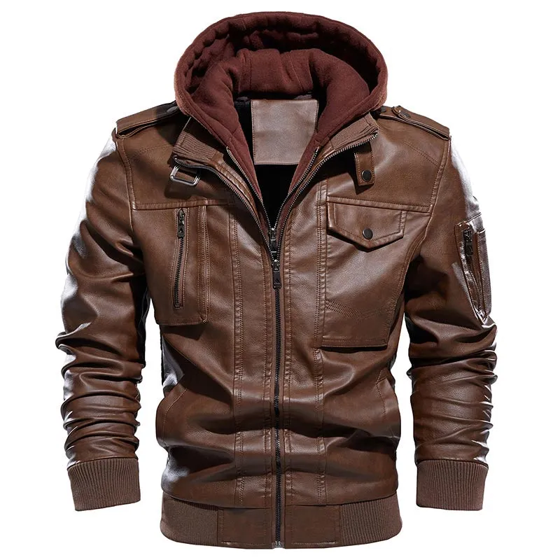 Warm Motorcycle Faux Leather Jacket with Hood