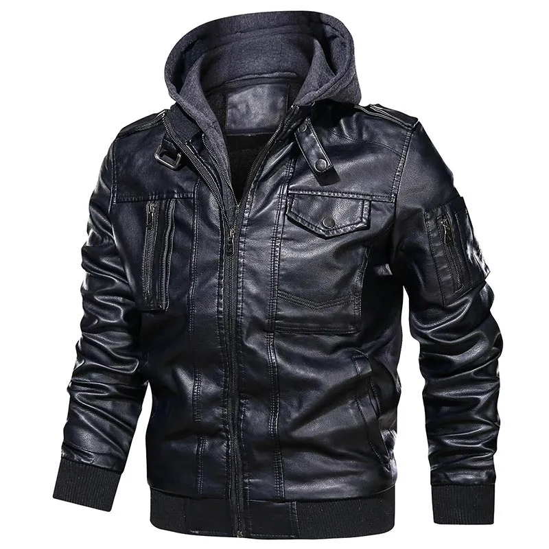 Warm Motorcycle Faux Leather Jacket with Hood