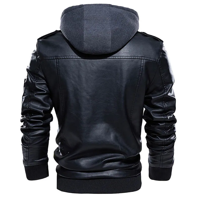 Warm Motorcycle Faux Leather Jacket with Hood