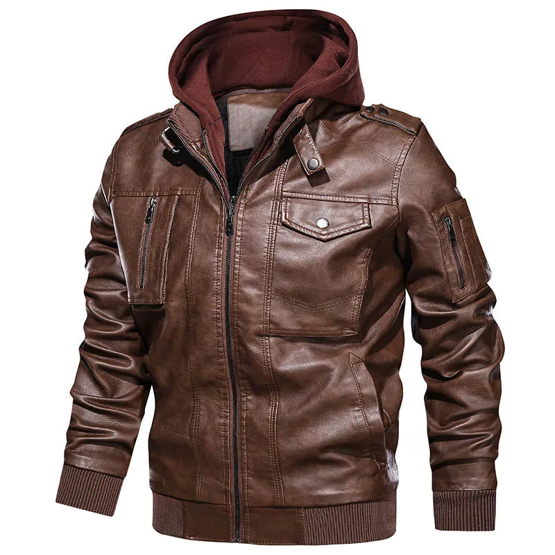 Warm Motorcycle Faux Leather Jacket with Hood