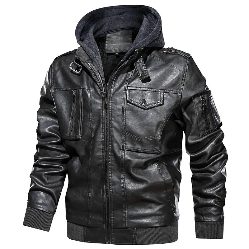 Warm Motorcycle Faux Leather Jacket with Hood