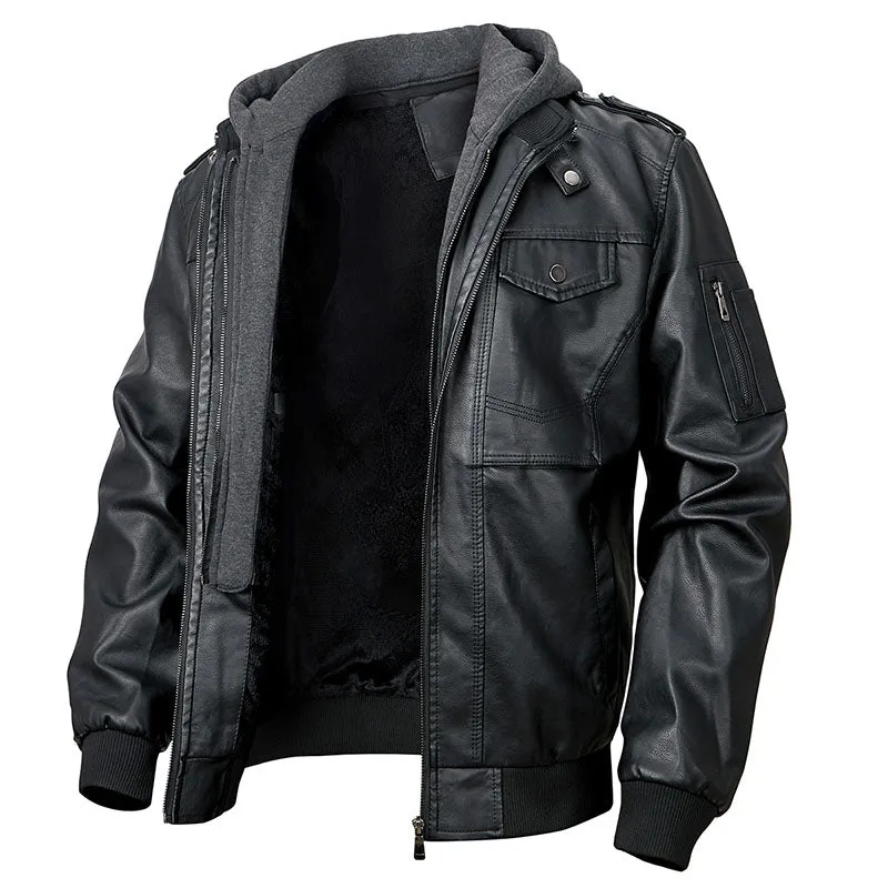 Warm Motorcycle Faux Leather Jacket with Hood