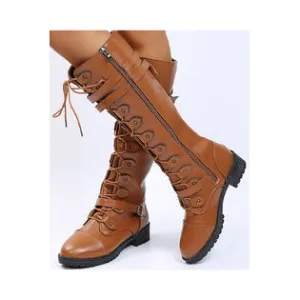 Women High Tube Solid Pattern Lace Up Winter Round Toe Thick Modish Flat Surface Boots - WSC50968