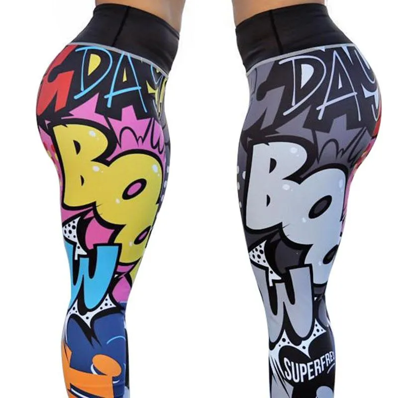 Women Stylish Comic Digital Print High Waist Push Up Workout Leggings Pants